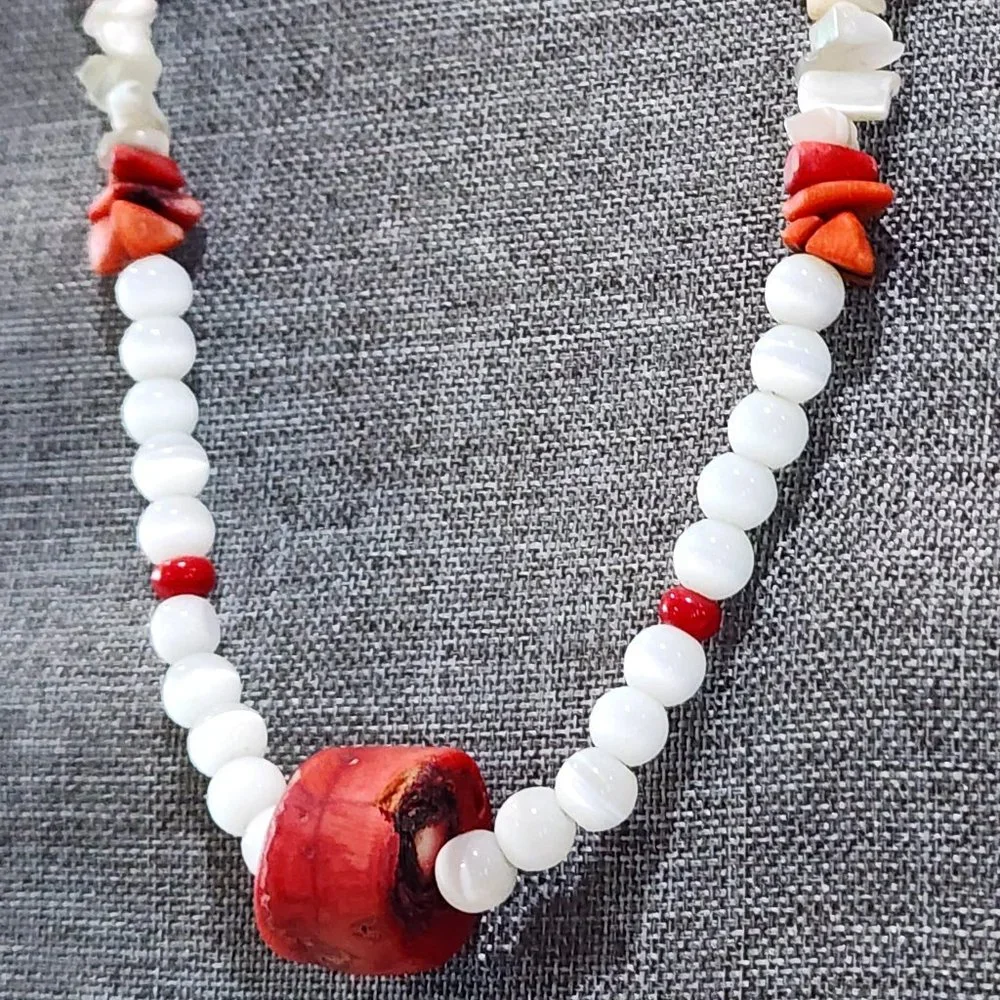 MCM White Abalone Mother of Pearl and Red Natural Stone Beaded Necklace